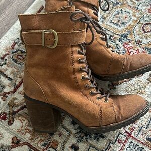 Born Womens Size 7 Cass Block Heel Rust Brown Tobacco Distressed Suede Zip Boots
